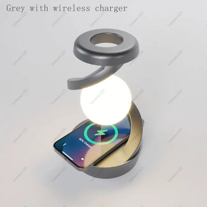 Rechargeable Rotatable Spiral Moon Lamp RGB with Wireless Phone Charger Floating Ball Light Unique Desk Light for Room Decor