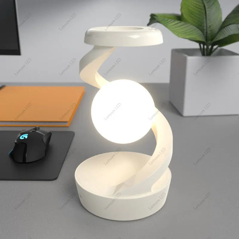 Rechargeable Rotatable Spiral Moon Lamp RGB with Wireless Phone Charger Floating Ball Light Unique Desk Light for Room Decor