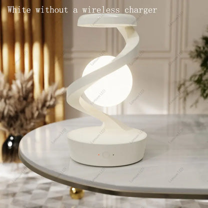 Rechargeable Rotatable Spiral Moon Lamp RGB with Wireless Phone Charger Floating Ball Light Unique Desk Light for Room Decor