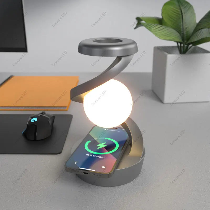 Rechargeable Rotatable Spiral Moon Lamp RGB with Wireless Phone Charger Floating Ball Light Unique Desk Light for Room Decor
